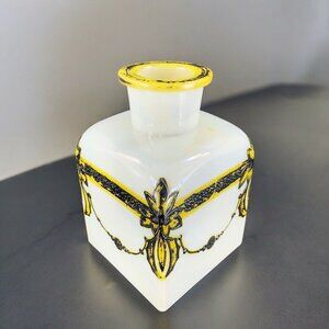 Antique Vanity Bottle Vase White Milk Glass Raised Hand Painted Bottle Decor VTG
